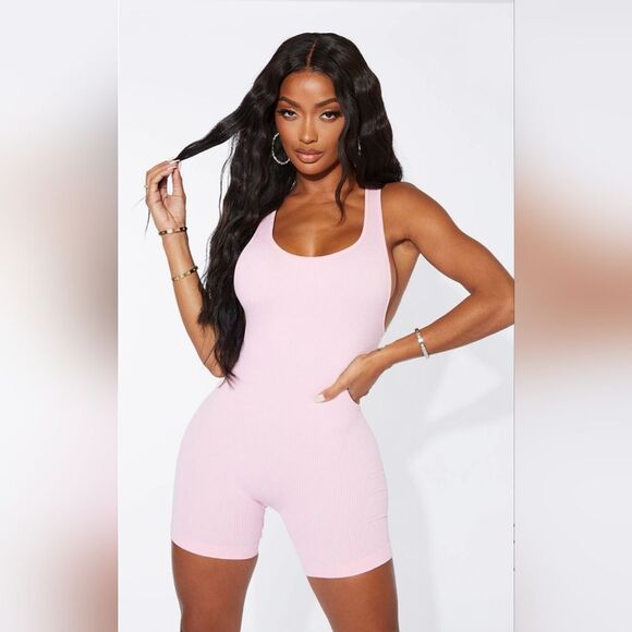Pretty Little Thing Shape Baby Pink Contour Ribbed Scoop Neck Unitard Size Large - Picture 1 of 13